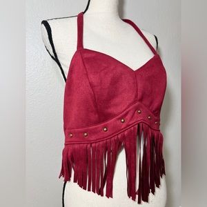 Red Embellished Sleeveless Crop Top